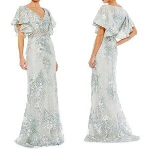 Mac Duggal 67842 Floral Maxi Evening Gown Bell Flutter Sleeve Seafoam Size 14